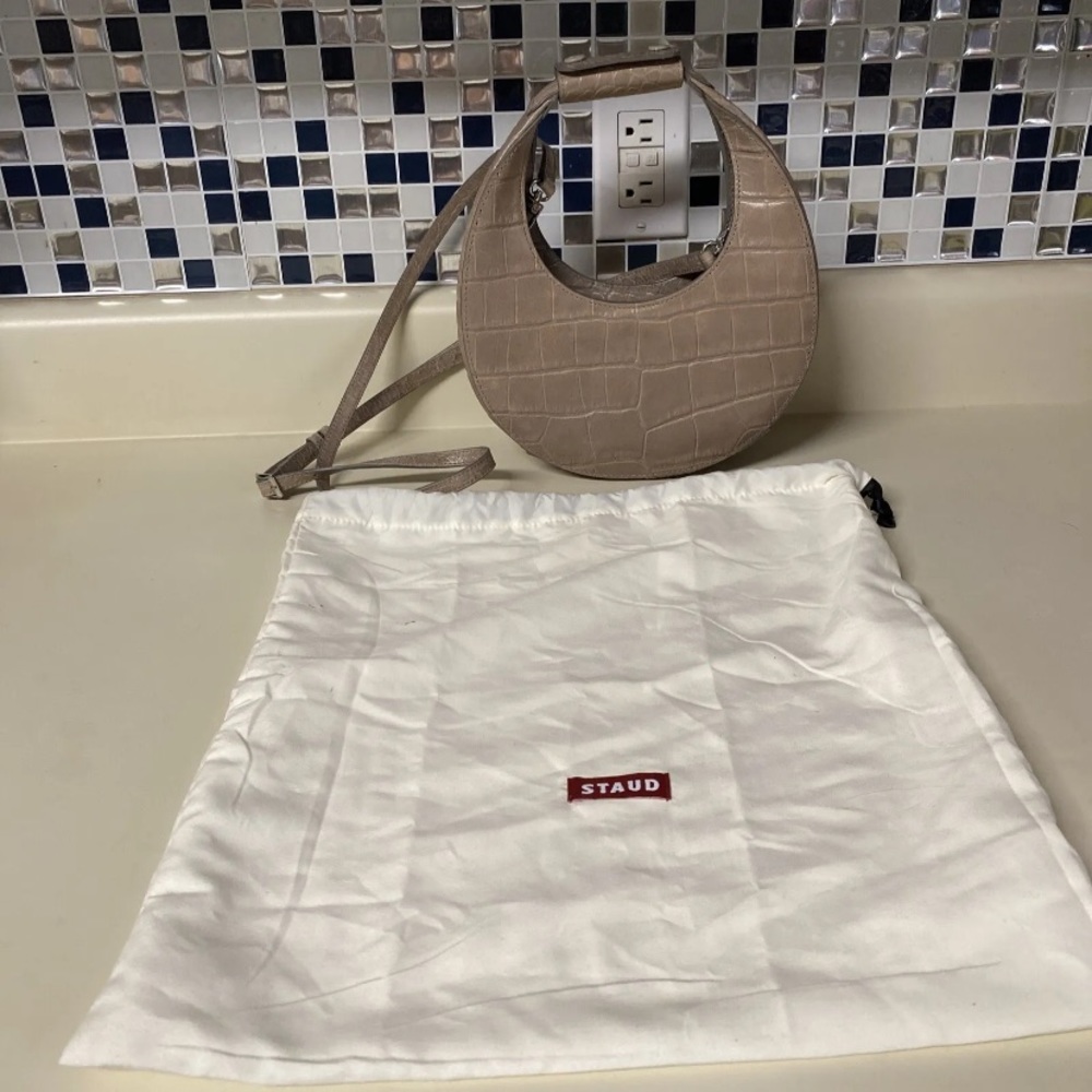 MK New STAUD Mini Moon HTF Croc Embossed Gray Taupe With Shoulder Strap